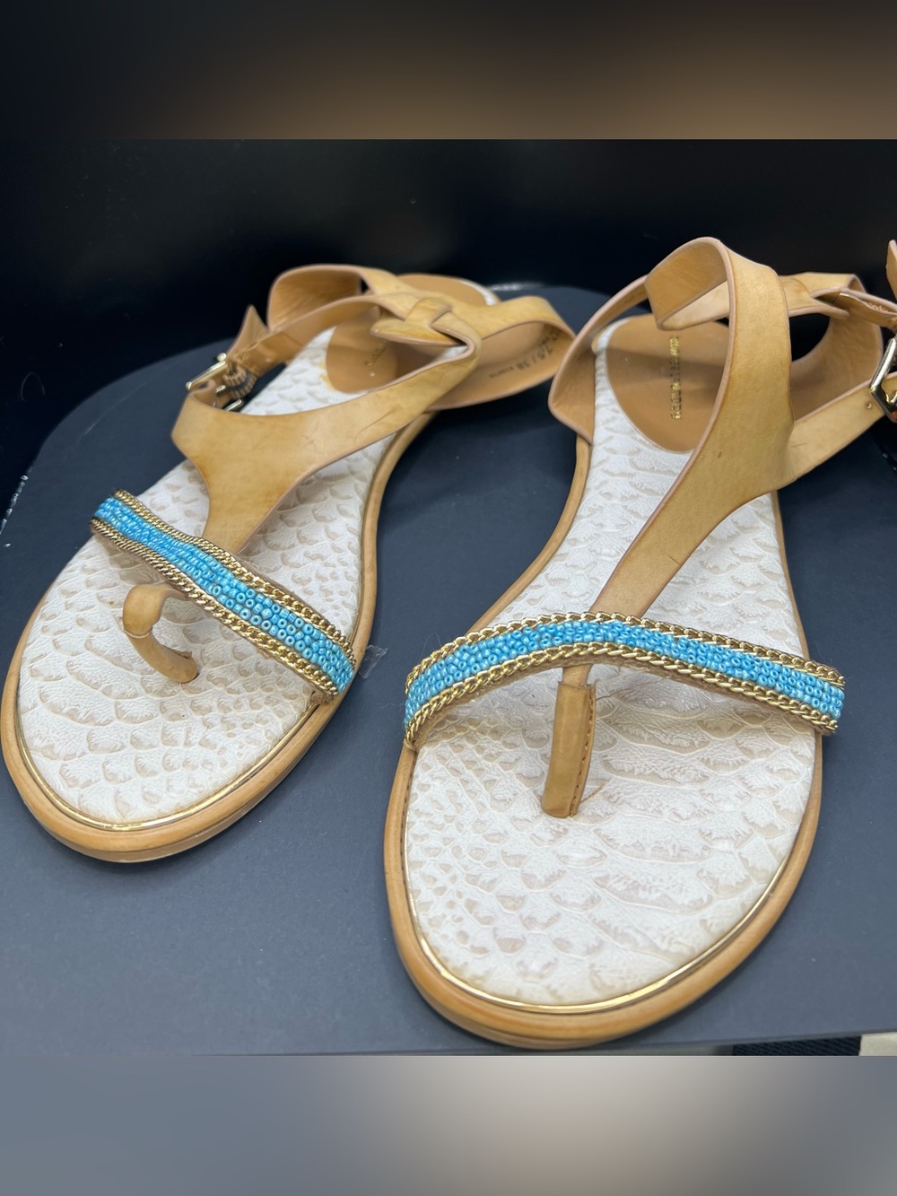Chinese Laundry Sandals 7.5 Beaded Thong Flat Sandals Tan Blue Gold Boho NWOT